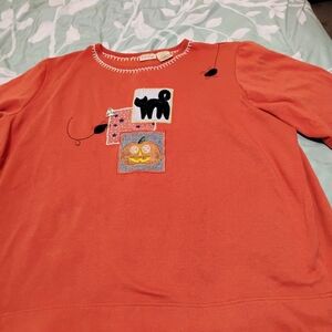 Bobbie Brooks Orange Sweater with Cat and Pumpkin Motif